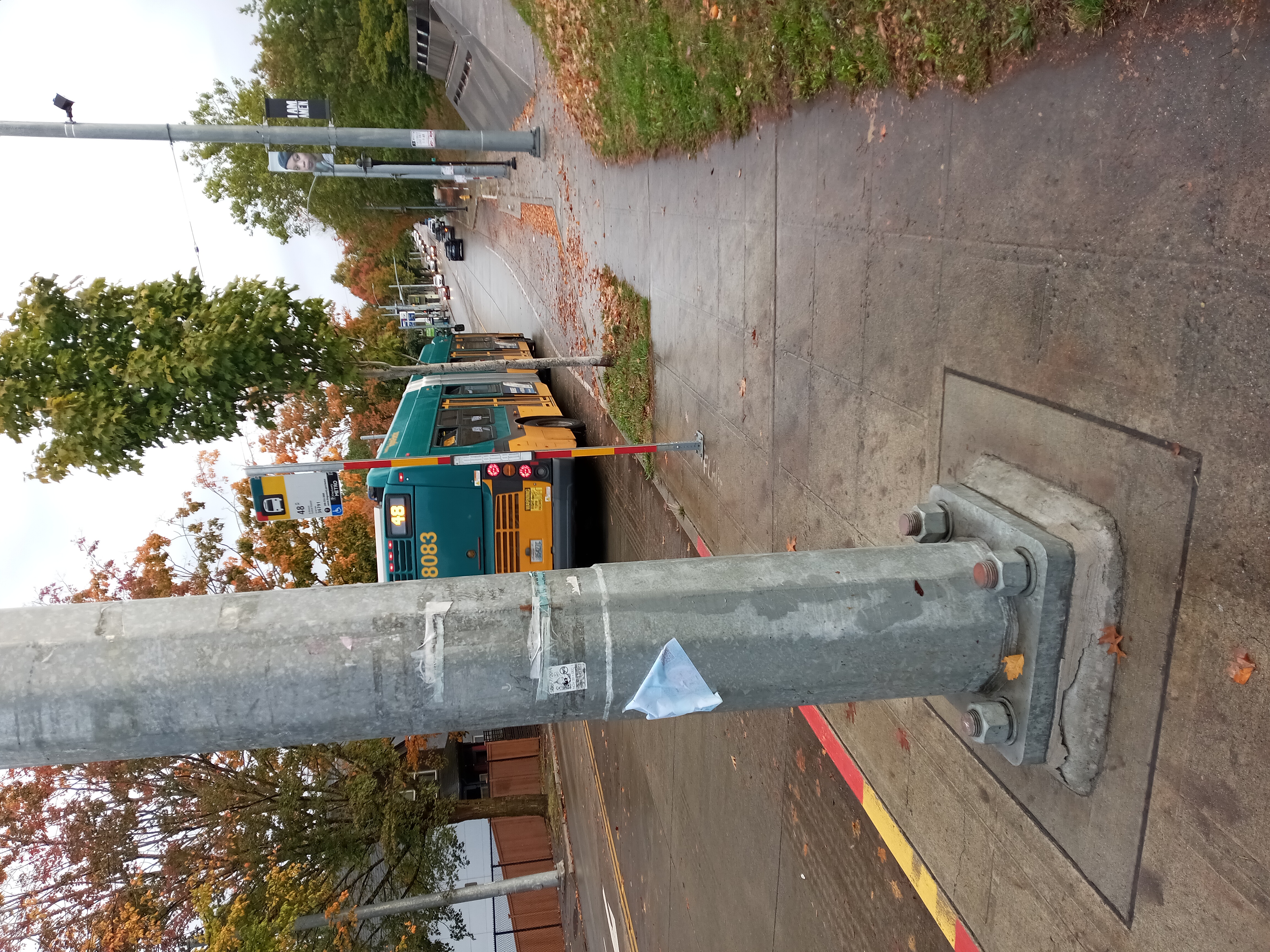 The image is of the back of a King County Metro bus as it drives away down the street.